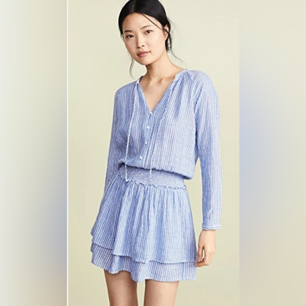 Rails Jasmine Mini Dress Tie-Neck Smocked-Waist Striped Linen-Blend small